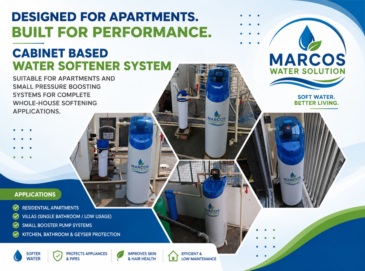 Marcos Water Solutions cabinet based water softener system for apartments